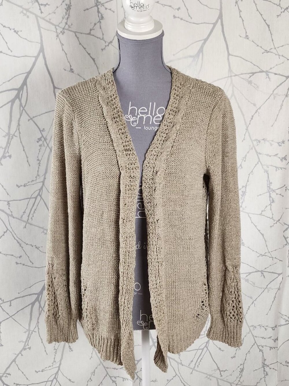 Cyrus Beige Open Knit Panel Open Front Cardigan